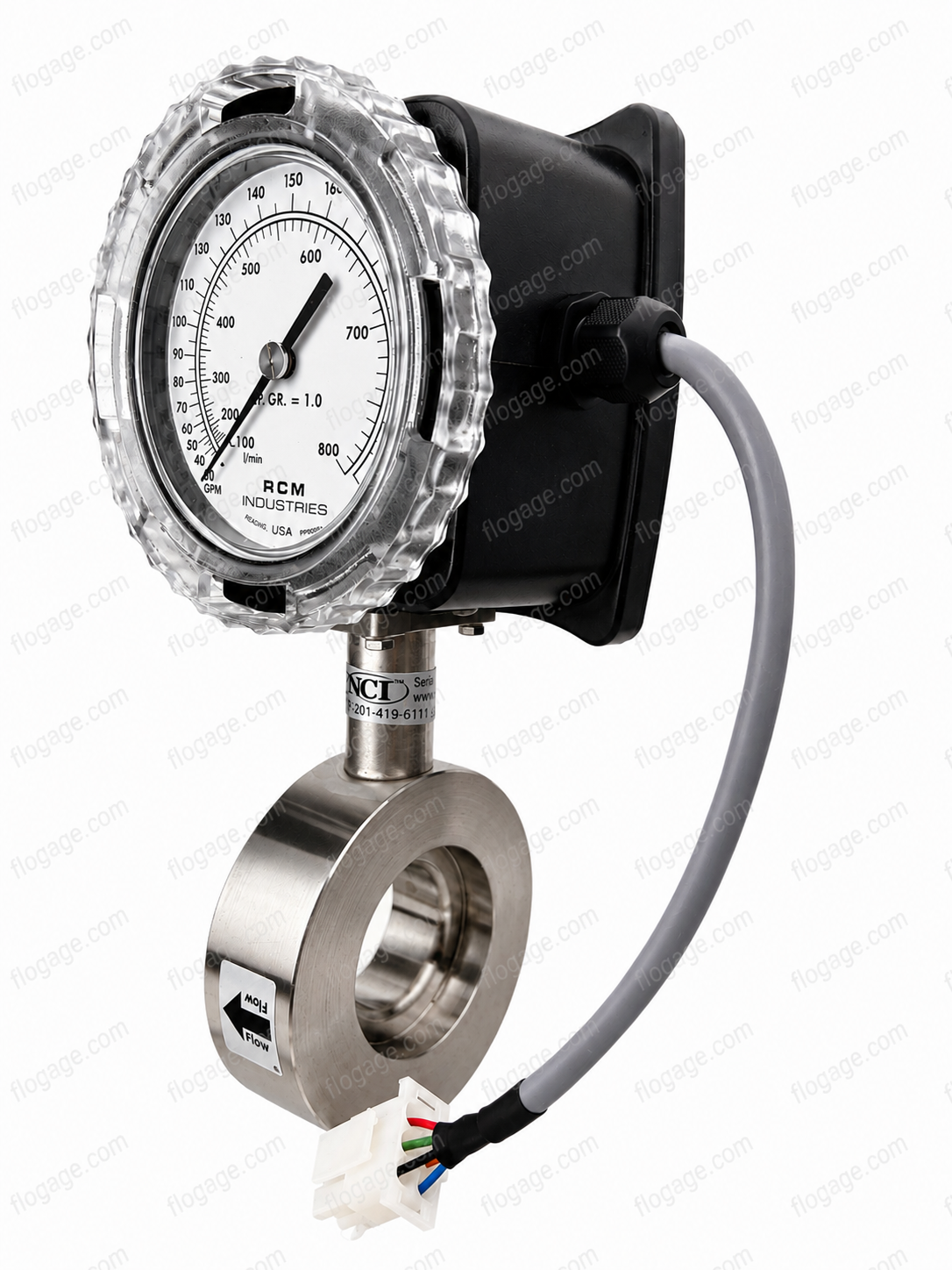 RCM Flo-Gage flow meter with pigtail transmitter option — wafer body with wiring lead
