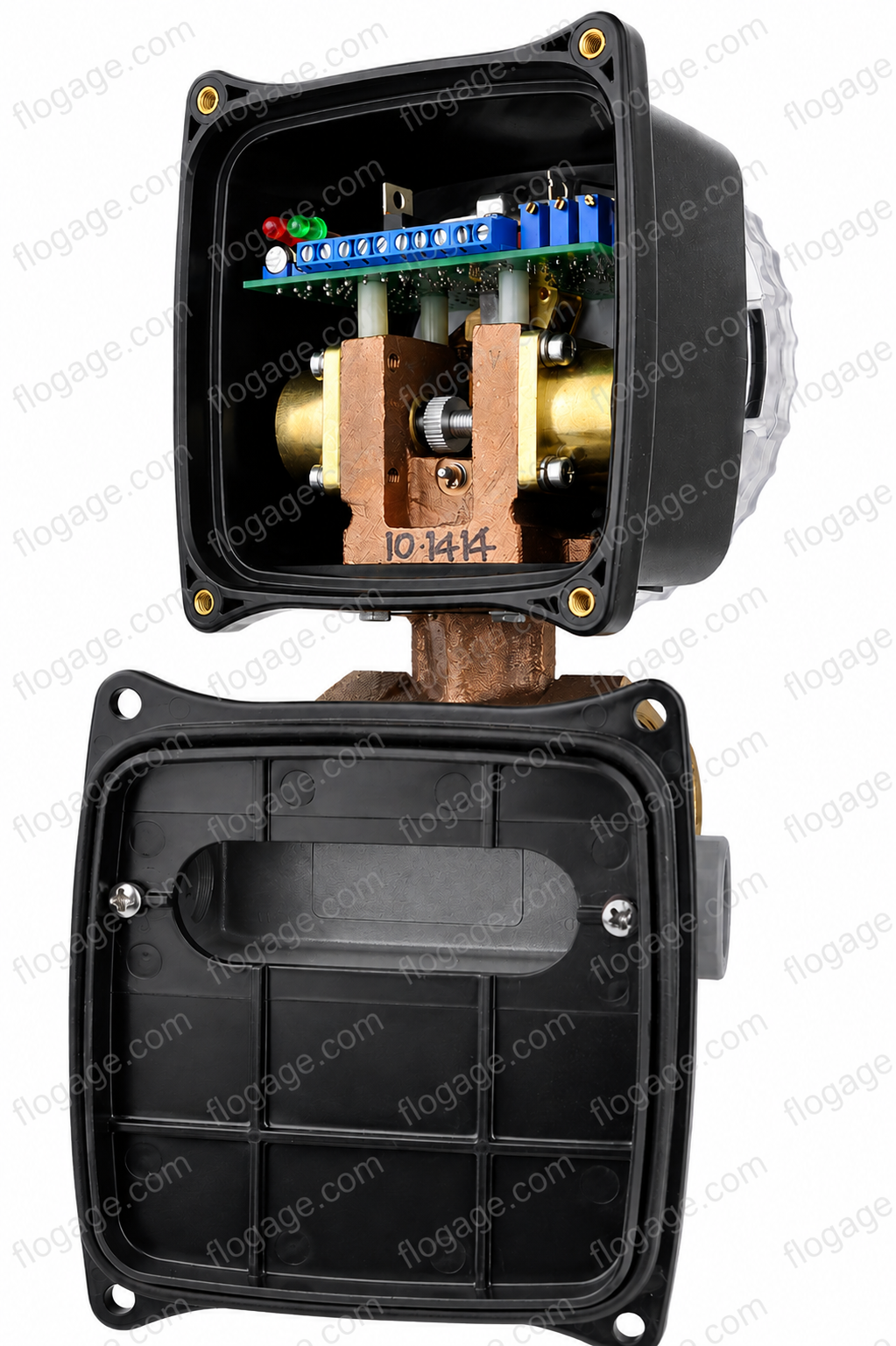 Flo-Gage transmitter option W — enclosure open showing wiring board and meter body