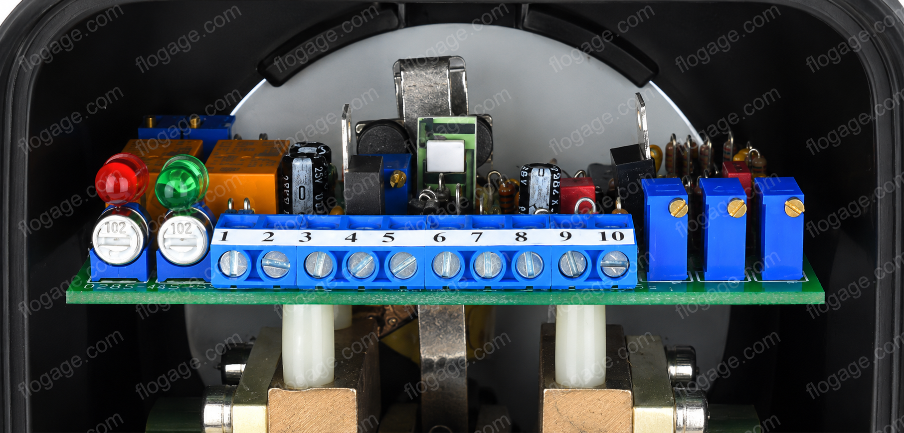 Flo-Gage transmitter option W — enclosure open showing wiring board and meter body
