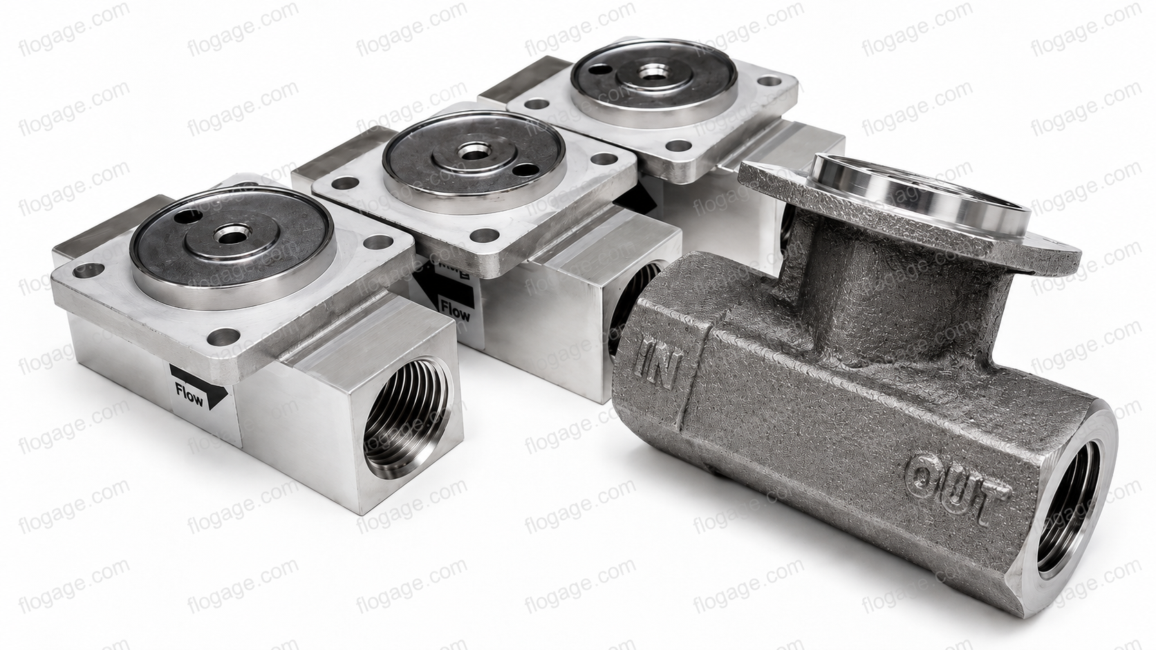 Flo-Gage meter bodies in 316 stainless steel, aluminum, and Monel construction