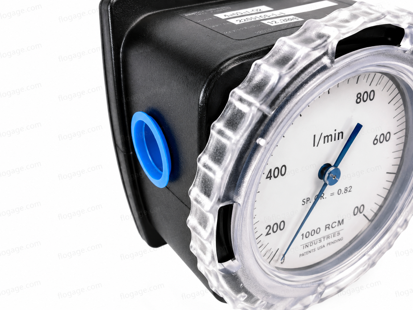 RCM Industries 1000 Series Flo-Gage dial showing l/min scale with SP.GR. = 0.82 calibration